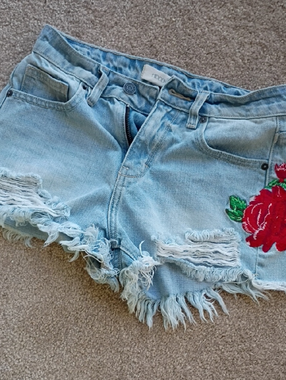 Light Blue Distressed Denim Shorts with Red Rose Applique